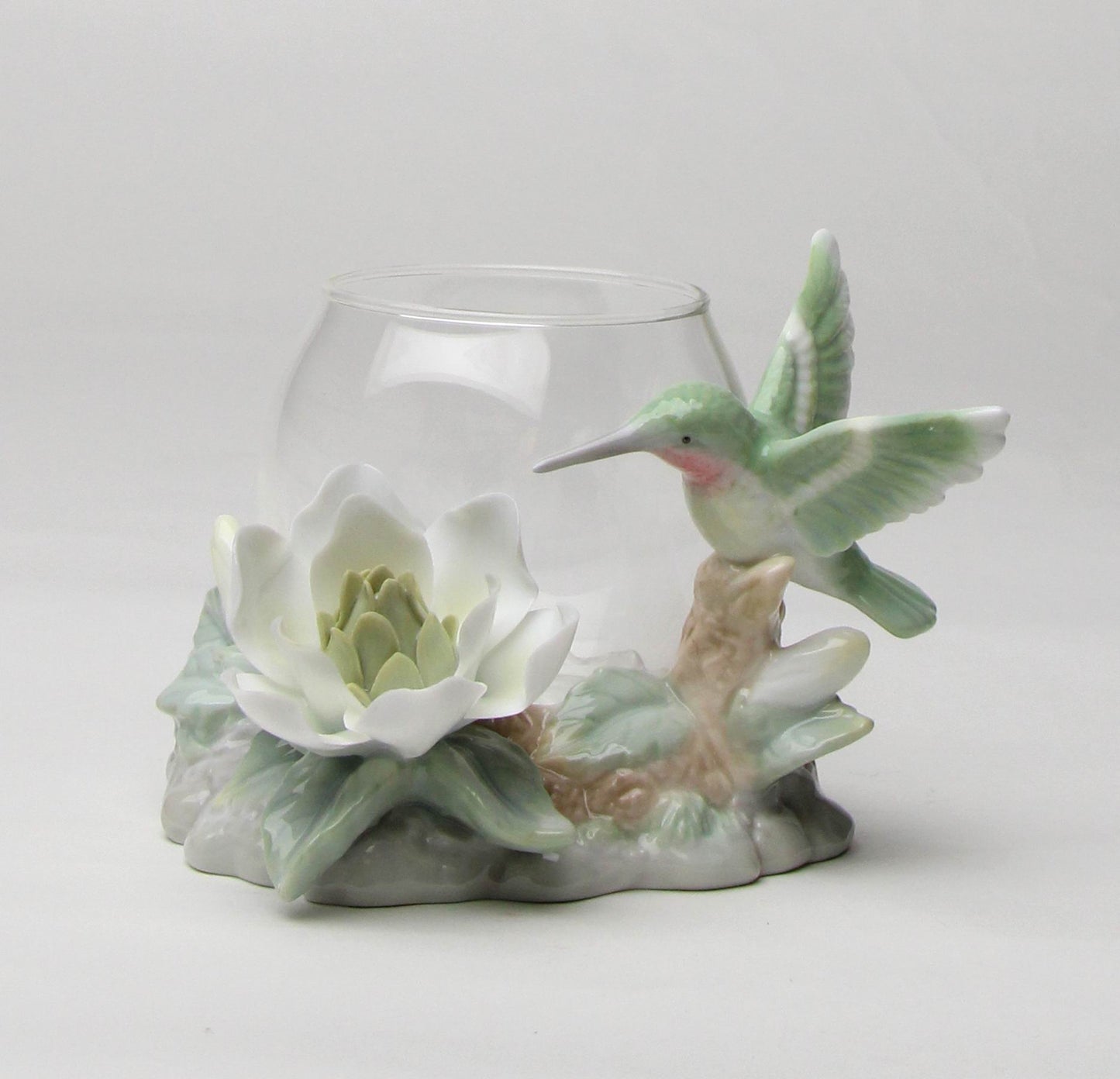Ceramic Hummingbird with Magnolia Flower and Glass Cup Candle Holder, Gift for Her, Gift for Mom, Birdwatcher Gift, Vintage Decor