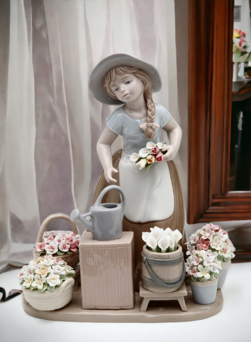 Ceramic Girl with Flower Baskets Figurine, Home Décor, Gift for Her, Mom, Farmhouse Kitchen Décor, Vintage Decor