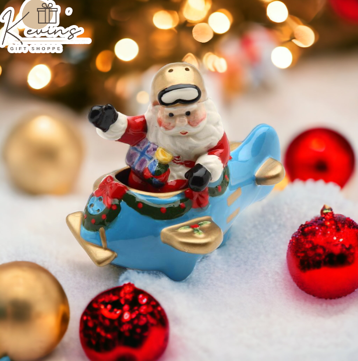 Ceramic Christmas Santa Flying Blue Airplane Salt & Pepper Shakers, Gift for Pilot, Gift for Her, Gift for Mom, Kitchen Décor