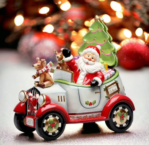 Ceramic Christmas Santa Car Cookie Jar with Cookie Plates and Salt and Pepper Shakers, Home Décor, Gift for Her, Gift for Mom, Kitchen Décor