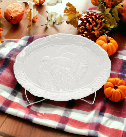 Ceramic White Turkey Platter, Home Décor, Gift for Her, Gift for Mom, Farmhouse Kitchen Décor, Fall Décor, Thanksgiving Décor