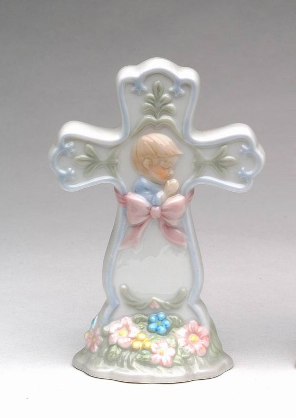 Ceramic Praying Boy Cross Figurine, Religious Gift or Decor, Baptism Gift, Nursery Room Decor