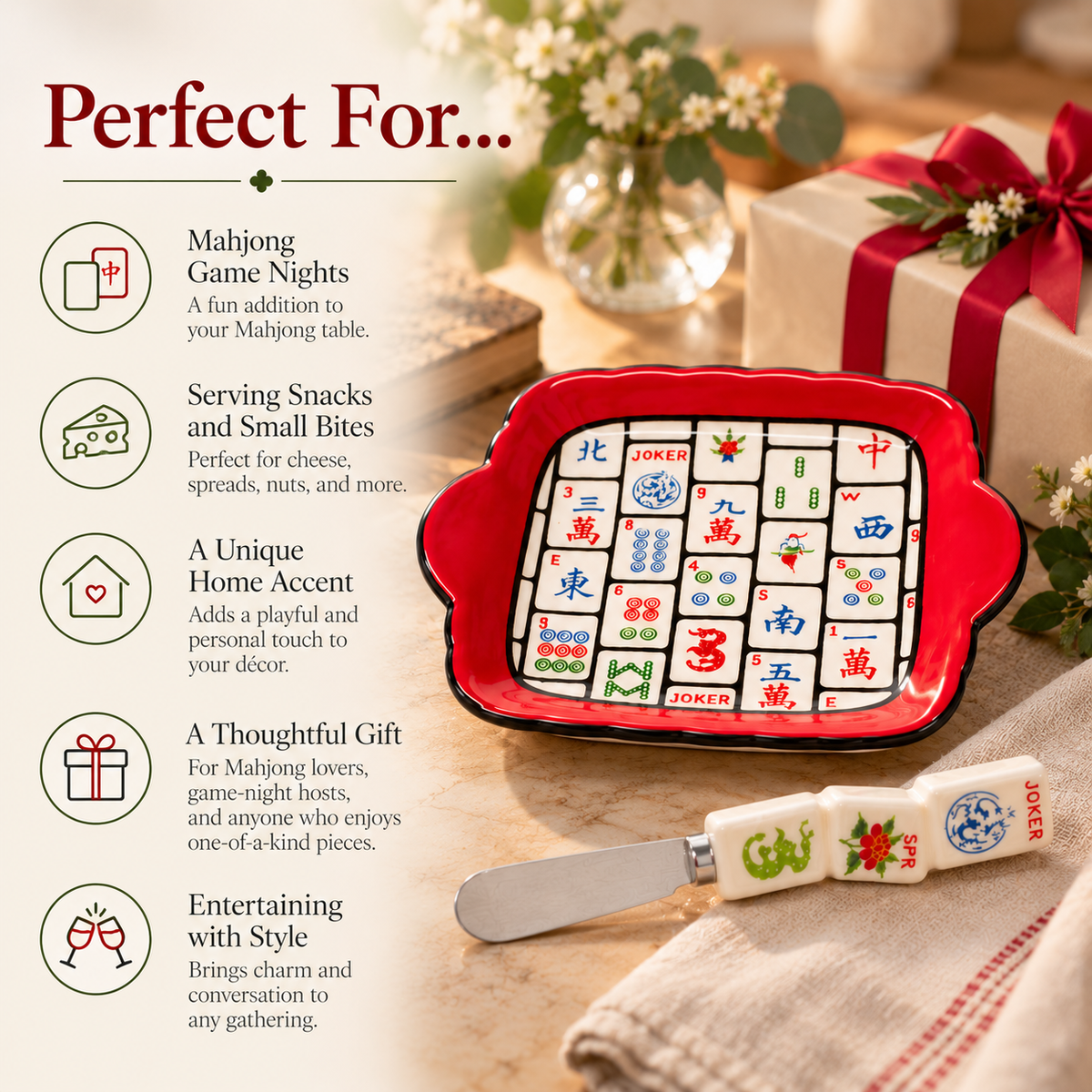 Mahjong Ceramic Dish & Spreader Set | Gift for Mahjong Players & Game Night Hosts