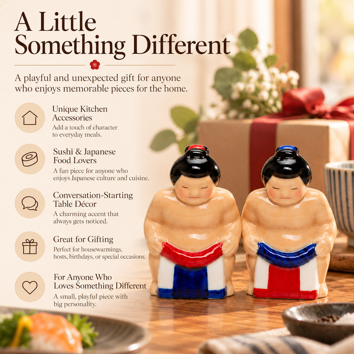 Ceramic Sumo Wrestler Salt and Pepper Shakers, Japanese Culture, Sushi Lover Gift