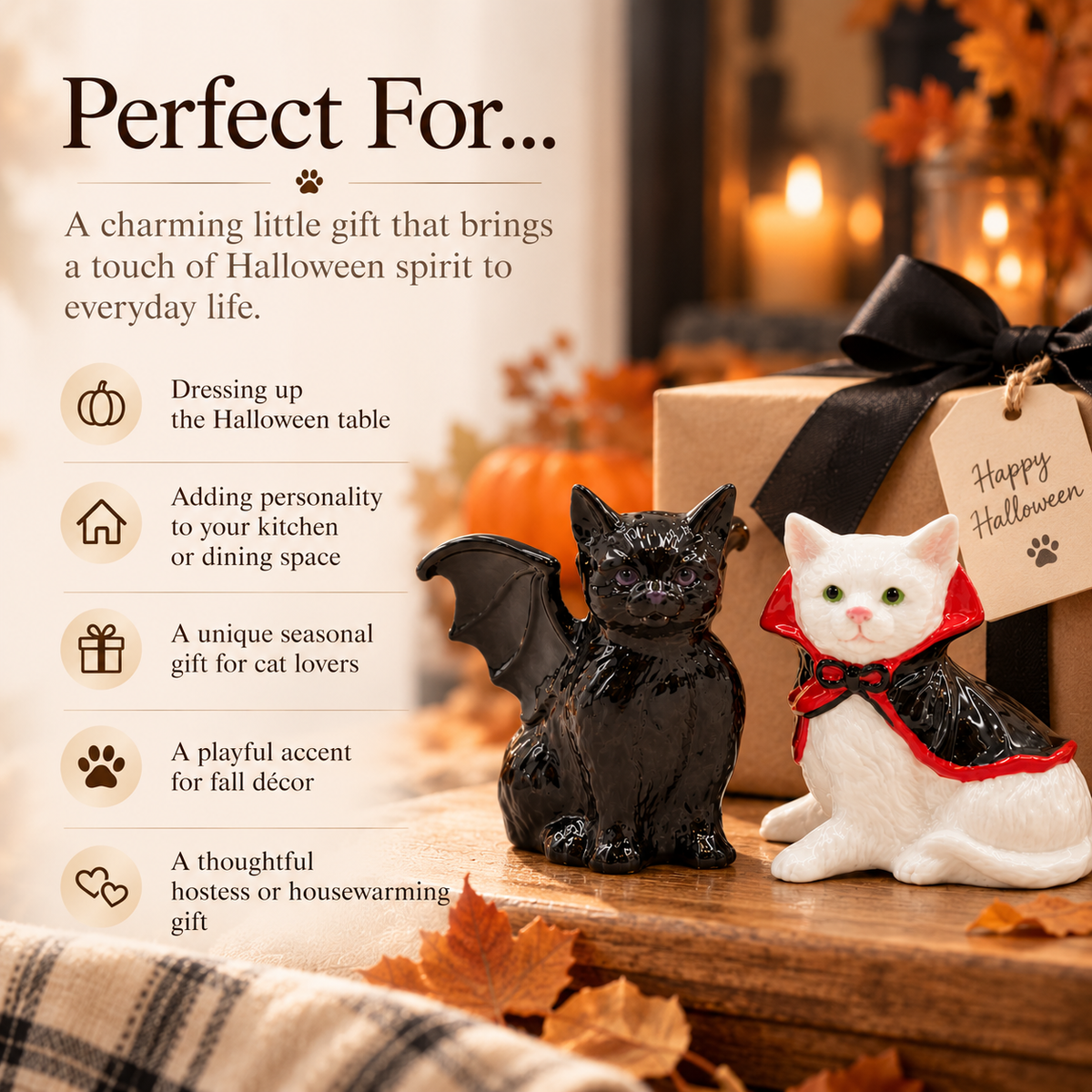 Halloween Vampire & Dracula Cat Salt and Pepper Shakers, Handpainted Ceramic