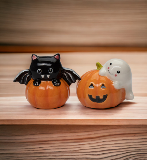 Ceramic Cute Bat and Ghost on Pumpkins Salt and Pepper Shakers, Gift for Her, Gift for Mom, Kitchen Décor, Fall Décor, Halloween Décor