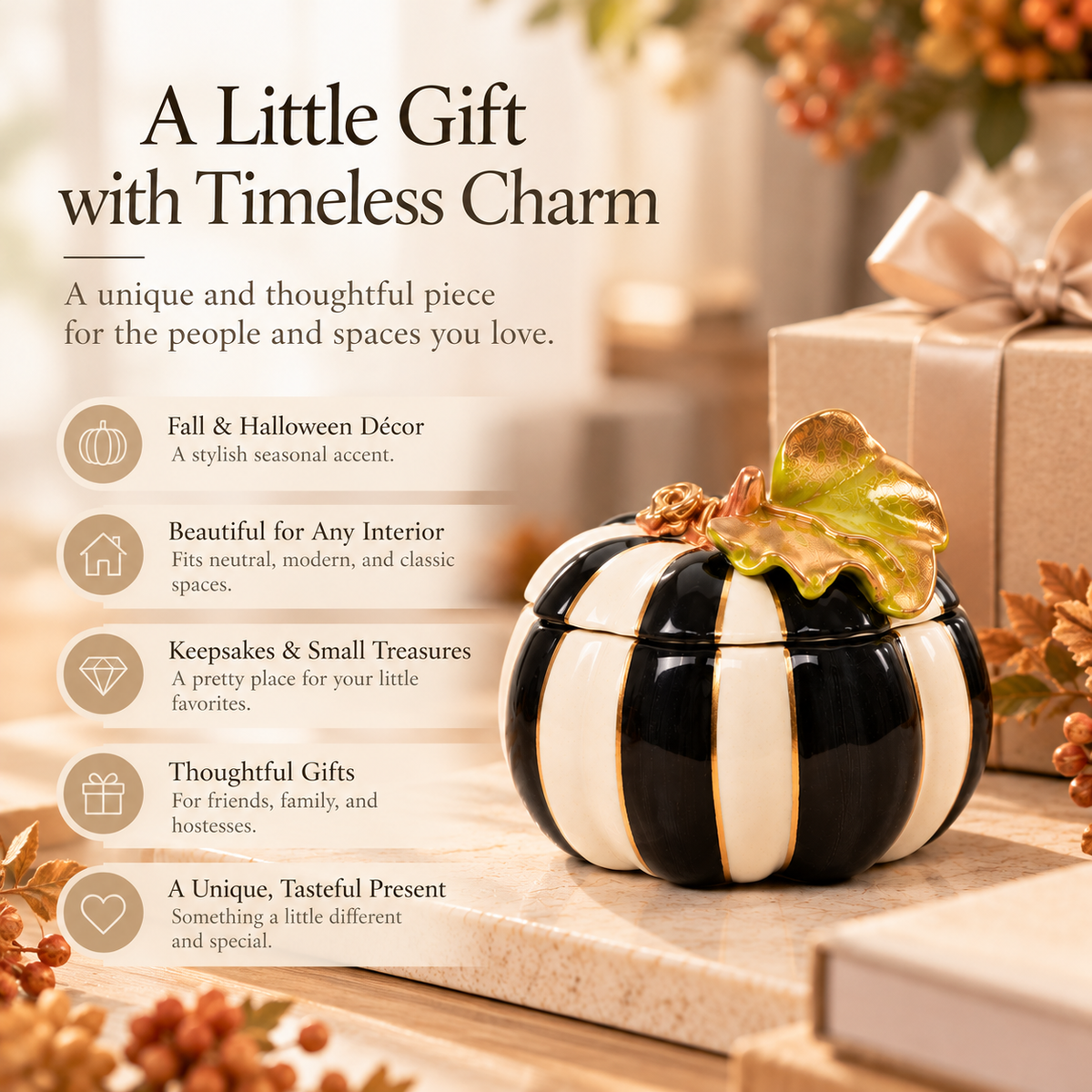 Black & White Ceramic Pumpkin Trinket Box – Modern Fall & Halloween Décor