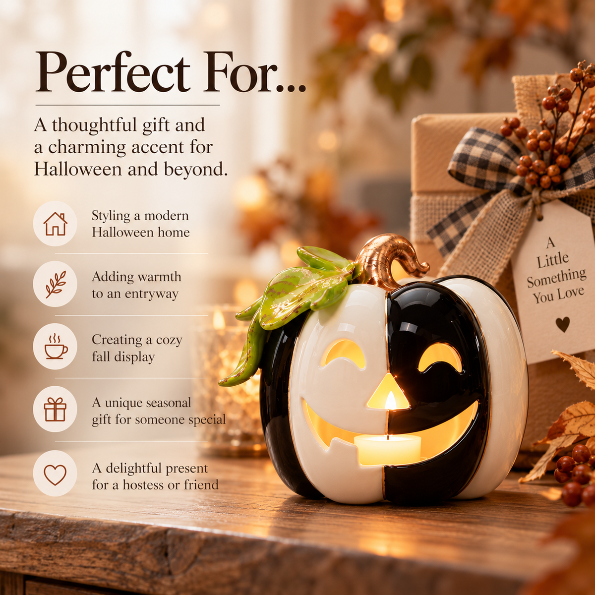 Black & White Pumpkin Tealight Holder | Hand-Painted Ceramic Halloween Decor