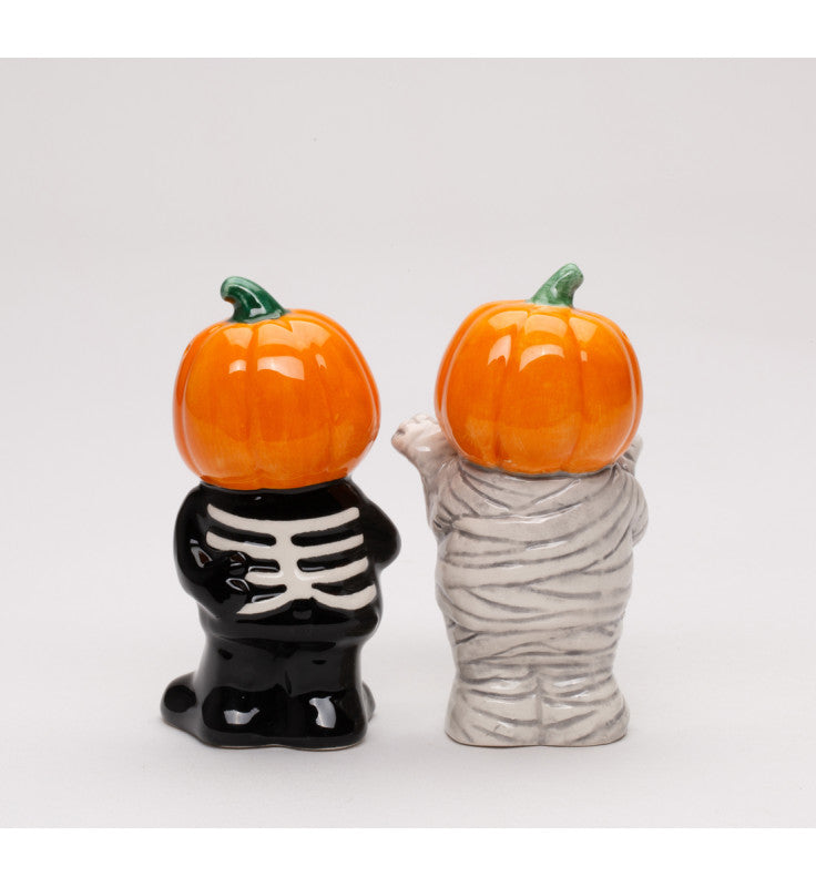 Ceramic Halloween Pumpkin Mummy and Skeleton Salt and Pepper Shakers, Spooky Halloween Decor, Fall Decor