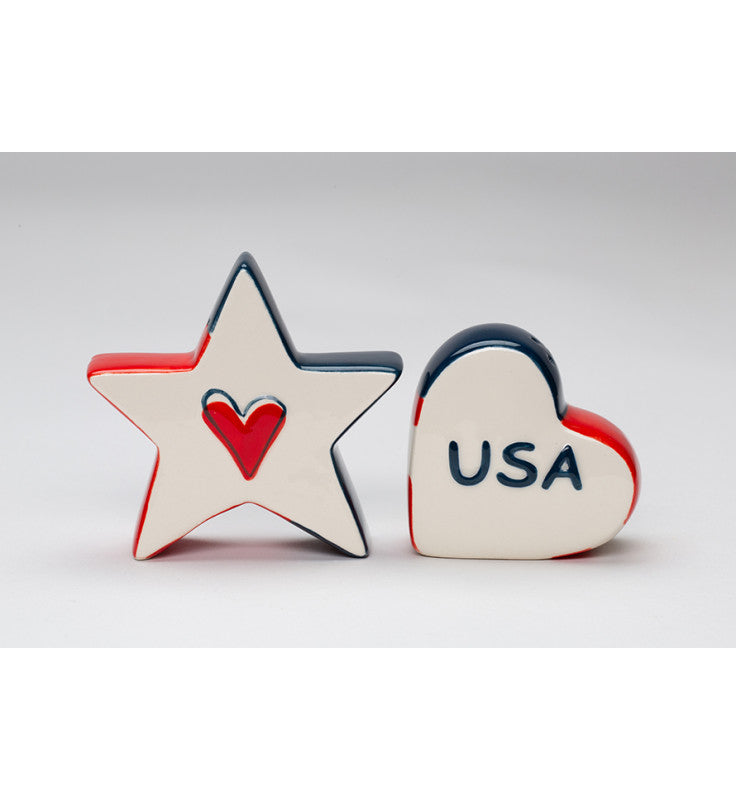 Ceramic Patriotic Flag Salt and Pepper Shakers - Star & Heart Shaped, Gift for Veteran, Patriotic Gift, Independence Day Decor