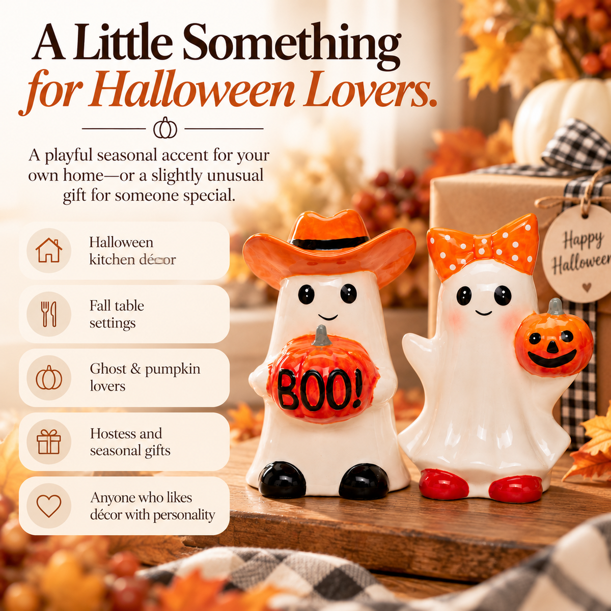 Two ceramic Halloween salt and pepper shakers shaped as ghosts, one wearing an orange cowboy hat and holding a pumpkin with 'BOO!' written on it, and the other with an orange polka-dot bow holding a small jack-o'-lantern. The shakers are displayed on a wooden surface with a 'Happy Halloween' tag, fall leaves, and a gift box in the background, with promotional text on the left.