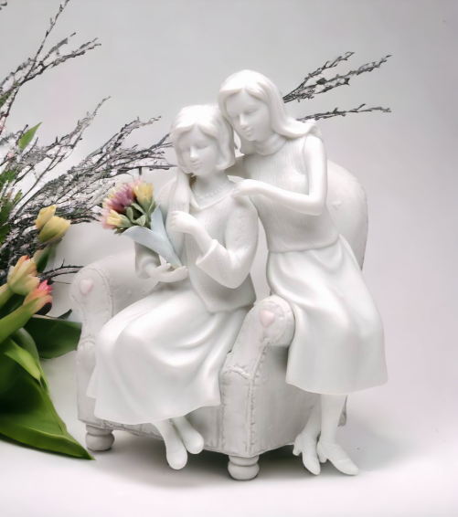 Ceramic Mother And Daughter White Bisque Figurine with Colorful Flower Bouquet, Gift for Mom, Mother's Day Gift, Home Decor