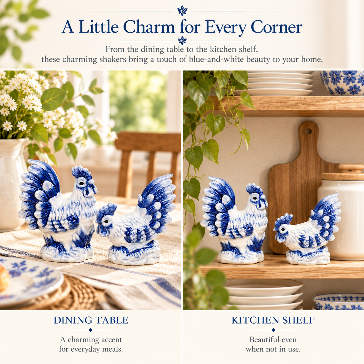 Dutch Blue Rooster & Hen Salt and Pepper Shakers – Blue and White Ceramic Farmhouse Kitchen Décor, Fall Decor, Gift for Mom