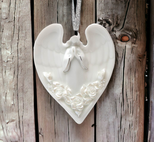 Ceramic Angel And Roses Ornament, Home Décor, Religious Décor, Religious Gift, Church Décor, Baptism Gift