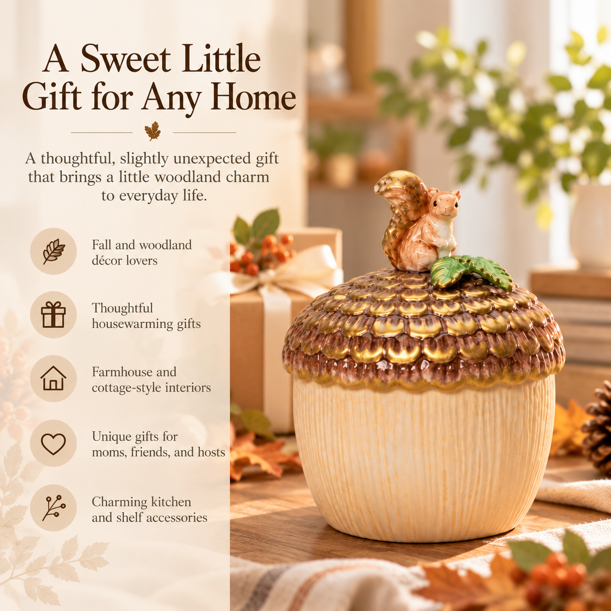 Ceramic Acorn Candy Jar with Squirrel Lid – Fall Woodland Décor, Farmhouse Kitchen Accent & Gift