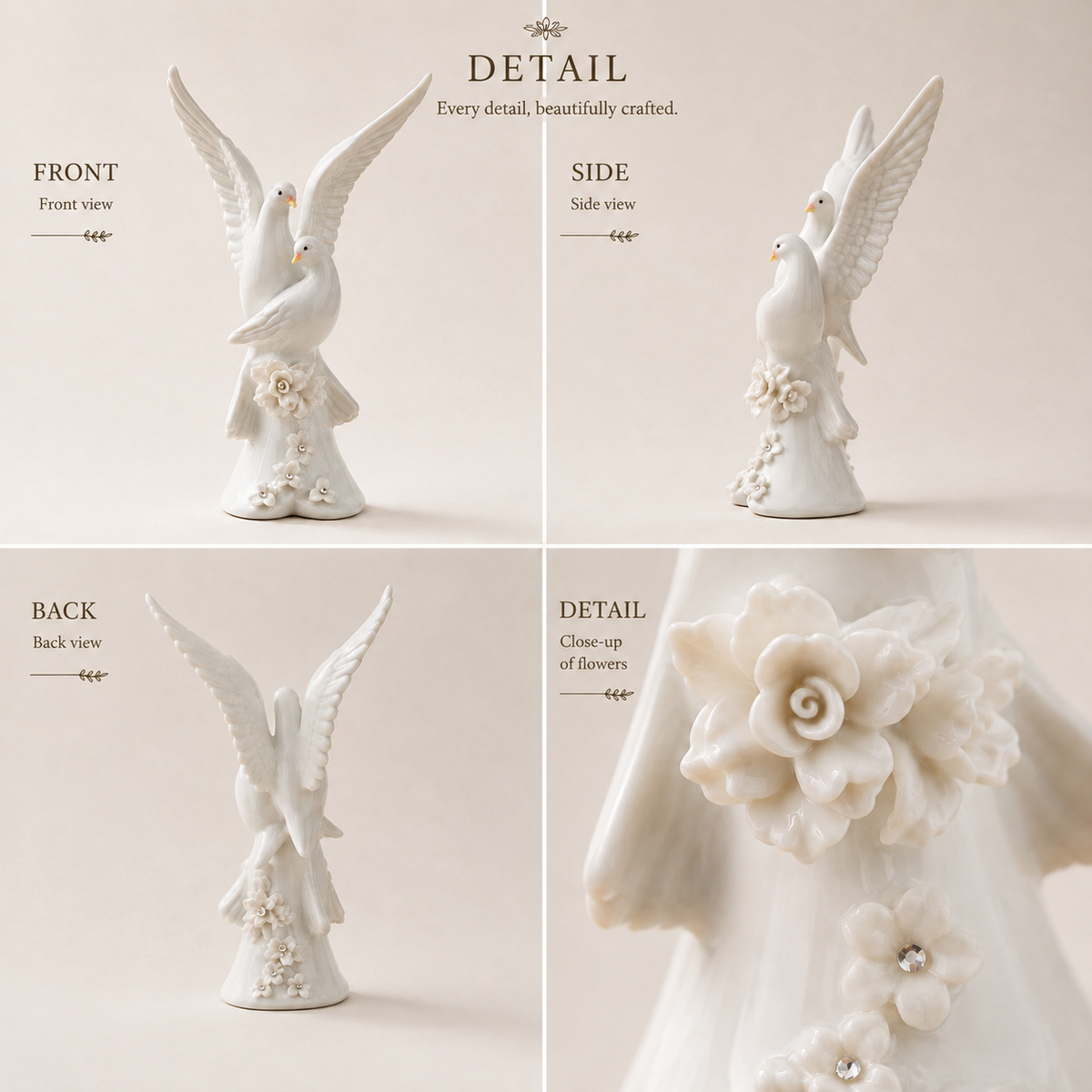 Ceramic Peace Doves & White Rose Figurine, Handpainted Wedding Cake Topper