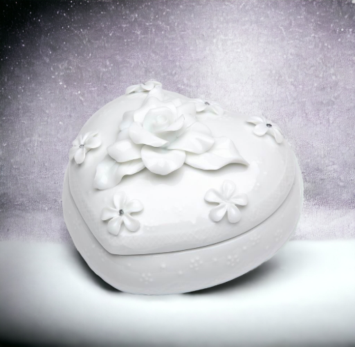 Ceramic White Heart Shaped Jewelry Box with Rose Flower, Wedding Décor or Gift, Anniversary Décor or Gift, Home Décor, Vanity Decor