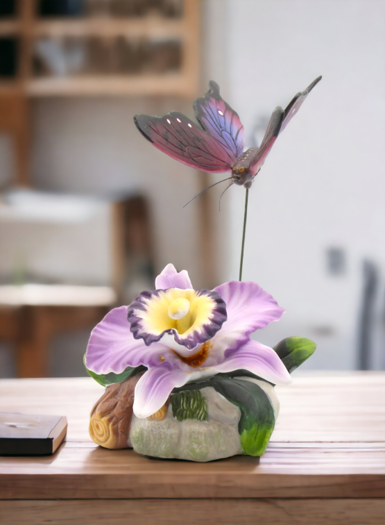 Ceramic Orchid Flower with Butterfly Figurine, Home Décor, Gift for Her, Gift for Mom, Nature Lover Gift