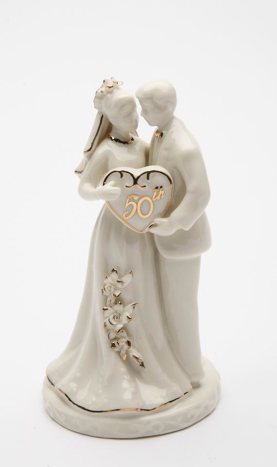 50th Anniversary Milestone-The Golden Wedding Anniversary-Hand Crafted Ceramic Cake Topper with Golden Accents