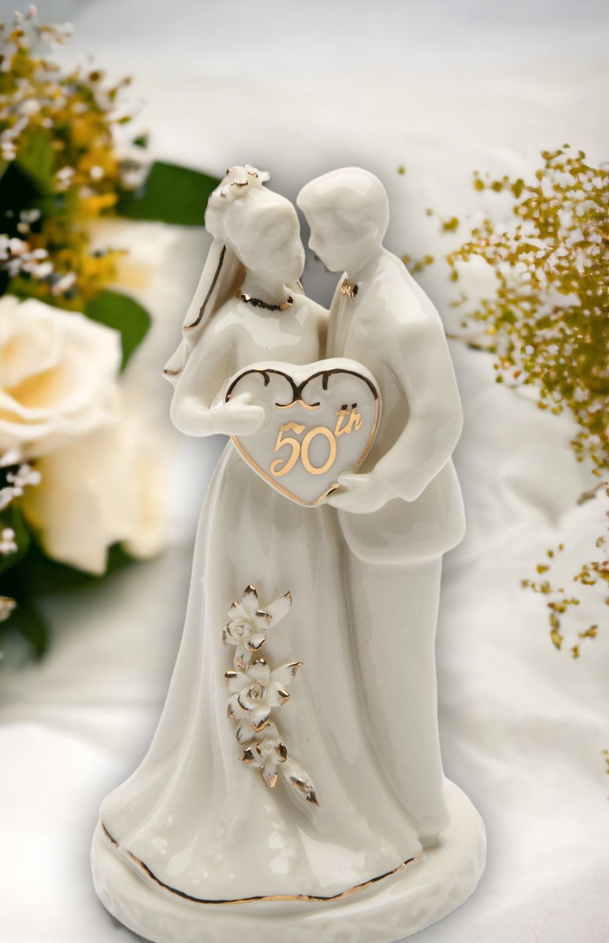 50th Anniversary Milestone-The Golden Wedding Anniversary-Hand Crafted Ceramic Cake Topper with Golden Accents