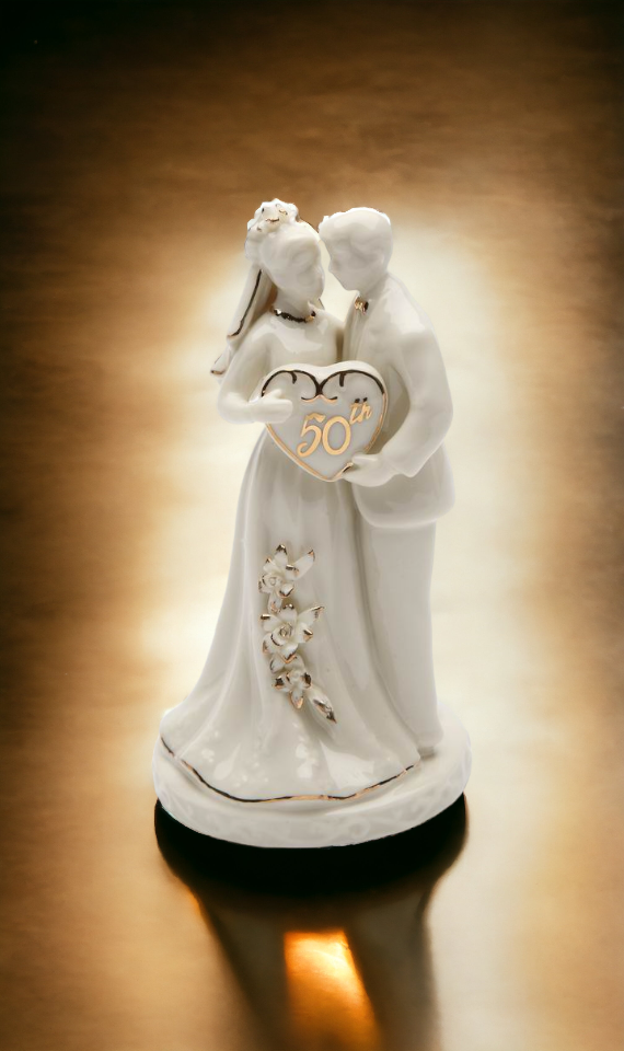 50th Anniversary Milestone-The Golden Wedding Anniversary-Hand Crafted Ceramic Cake Topper with Golden Accents