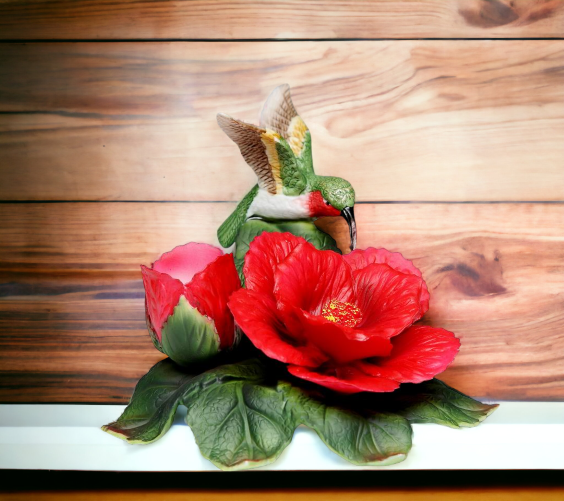 Ceramic Hummingbird with Hibiscus Flower Candle Holder, Home Décor, Gift for Her, Gift for Mom, Birdwatcher Gift, Vintage Decor
