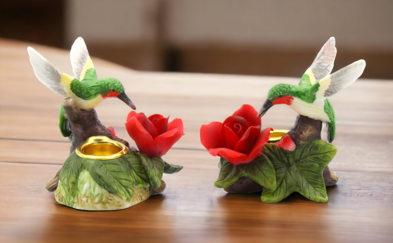 Ceramic Hummingbird with Rose Flower Candle Holder-Set of 2, Home Décor, Gift for Her, Mom, Kitchen Décor, Birdwatcher Gift, Vintage Decor