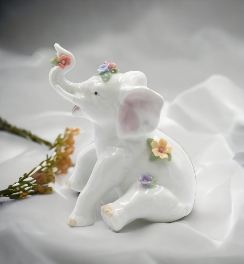 Ceramic Elephant with Flowers Figurine, Home Décor, Gift for Her, Gift for Mom, Bathroom Décor, Vanity Décor, Wedding Table Décor