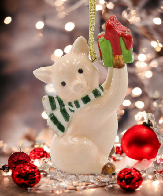 Ceramic Pig With Giftbox Christmas Ornament, Home Décor, Gift for Her, Mom, Him, Dad, Christmas tree Décor, Wall Decor