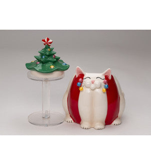 Ceramic Whisker Cat Christmas Tree Hat Candy Jar