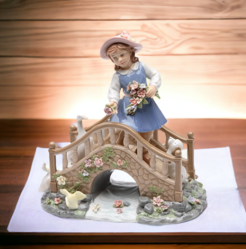 Ceramic Girl Feeding Ducks On Bridge Music Box, Home Décor, Gift for Her, Gift for Mom, Farmhouse Decor