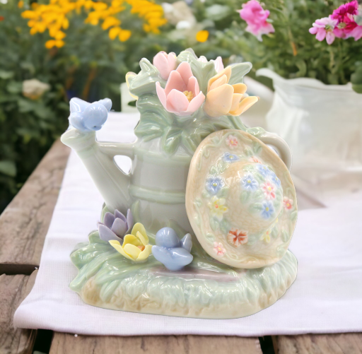 Ceramic Water Bucket with Flowers Figurine, Home Décor, Gift for Her, Mom, Farmhouse Kitchen Décor, Vintage Decor