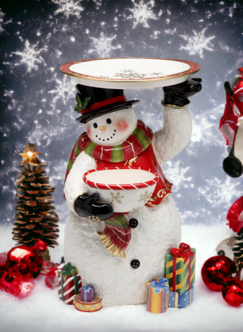 Ceramic 18’’ Snowman Figurine With Plate and Bowl Home Décor Gift for Her Gift for Mom Kitchen Décor Christmas Décor