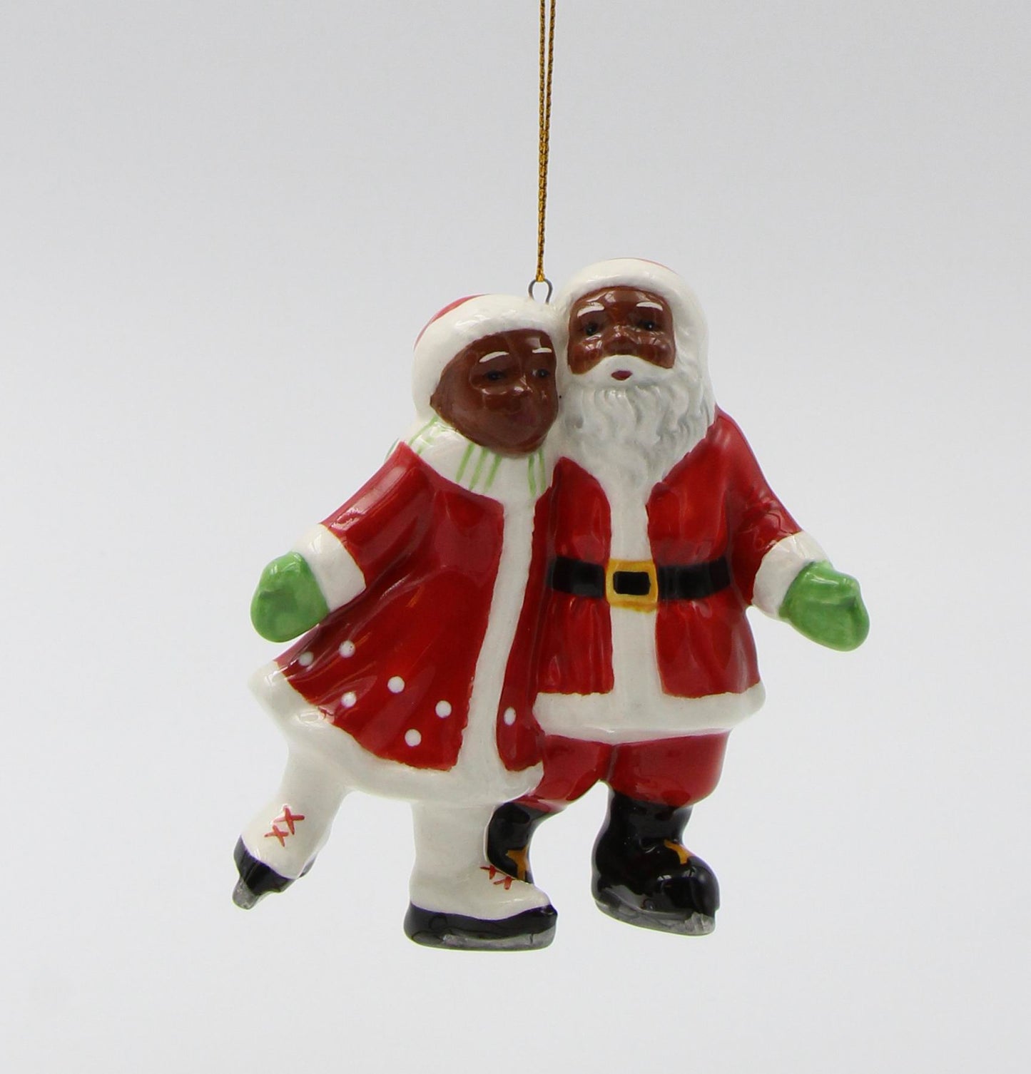 Ceramic African American Santa And Mrs. Claus Ice Skating Ornament Gift for Her Mom Him Dad Christmas tree Décor Wall