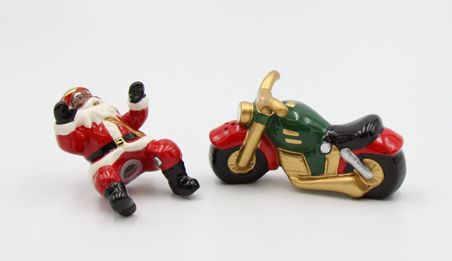 Ceramic African American Santa Claus Riding Motorcycle Salt And Pepper Gift for Him Gift for Dad Kitchen Décor