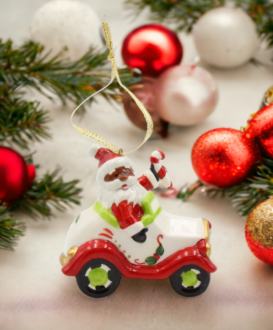 Ceramic African American Santa Driving A Car Ornament Home Décor Gift for Her Mom Him Dad Christmas tree Décor Wall