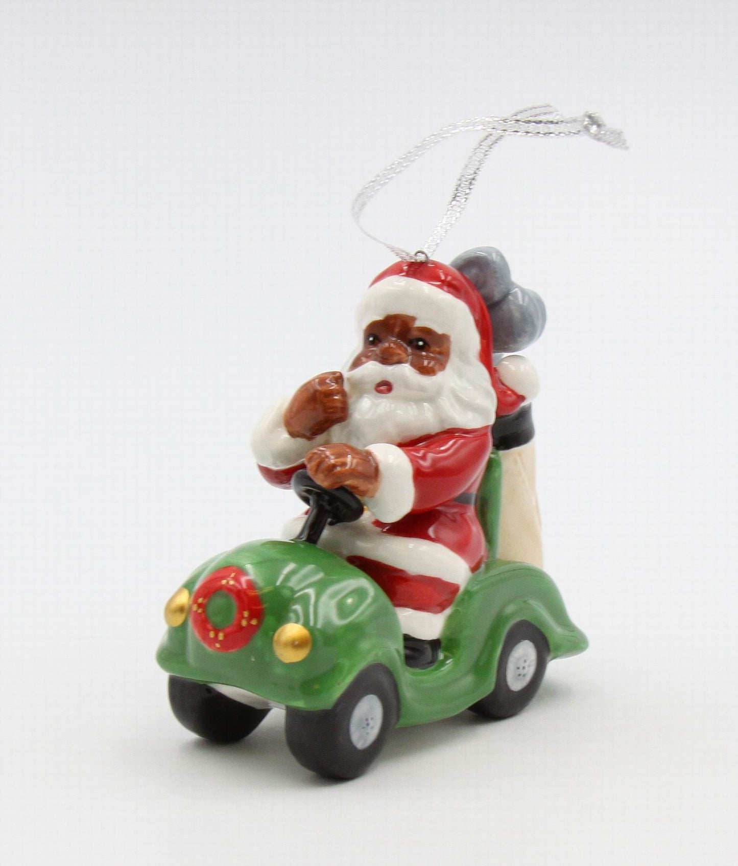 Ceramic African American Santa Driving Golf Kart Ornament Home Décor Gift for Her Mom Him Dad Christmas tree Décor Wall