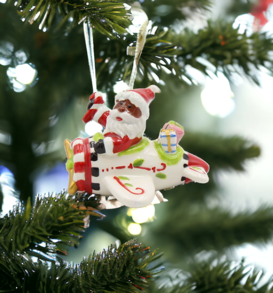 Ceramic African American Santa Flying Airplane Ornament Gift for Pilot Home Décor Gift for Her Mom Kitchen Décor