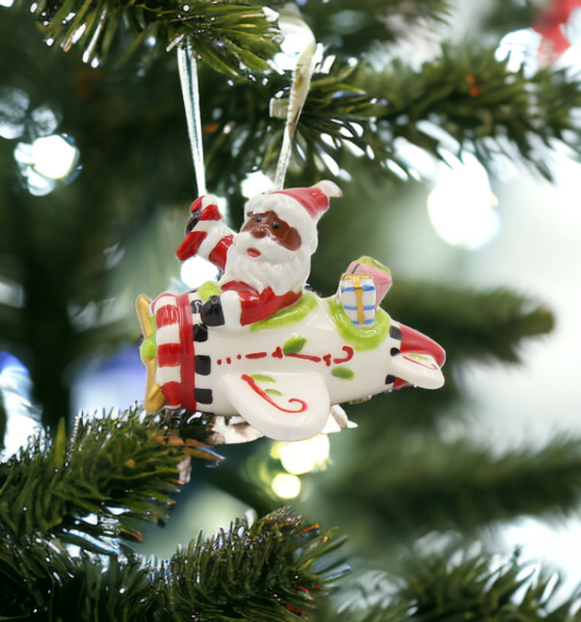 Ceramic African American Santa Flying Airplane Ornament Gift for Pilot Home Décor Gift for Her Mom Kitchen Décor