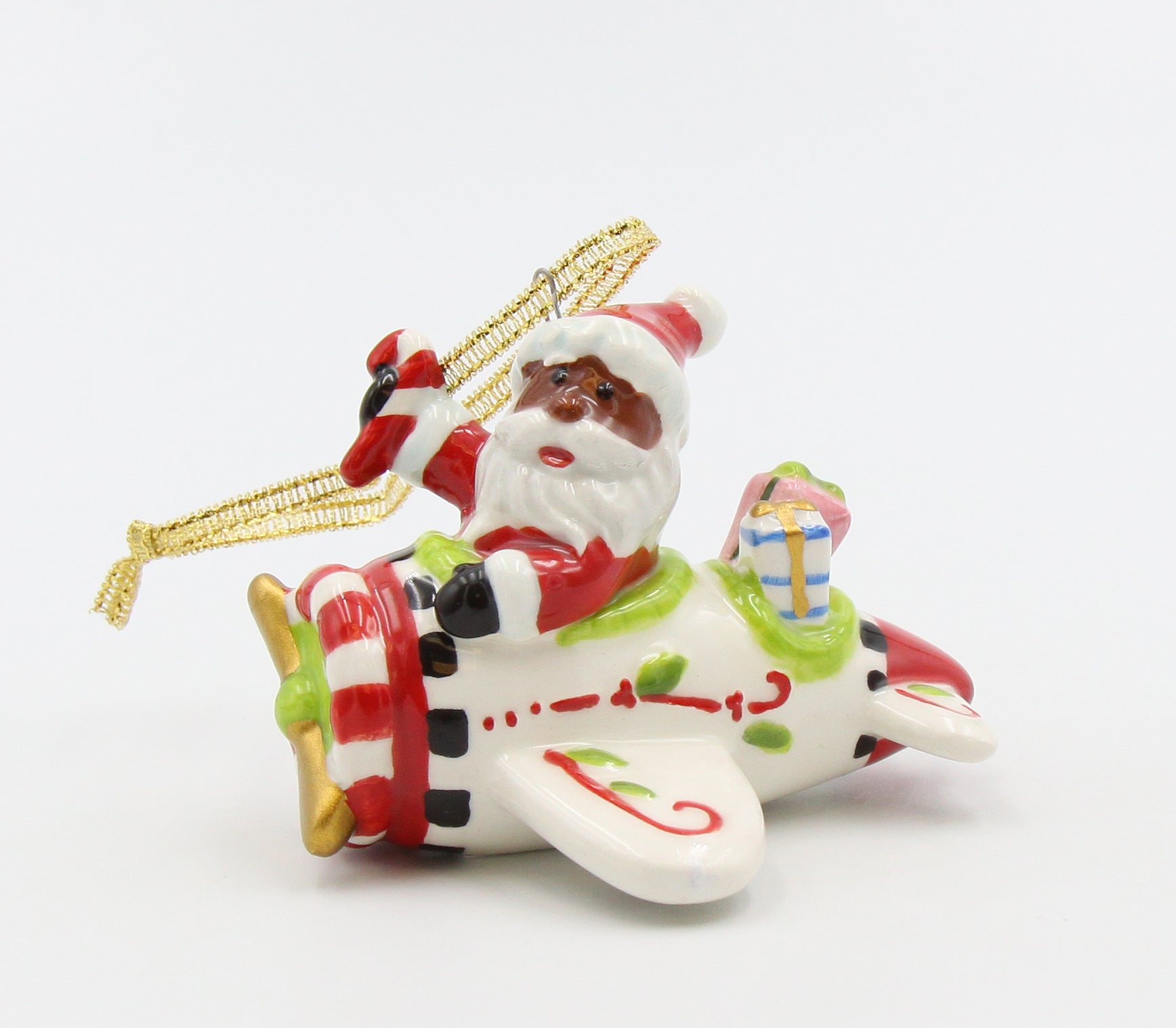 Ceramic African American Santa Flying Airplane Ornament Gift for Pilot Home Décor Gift for Her Mom Kitchen Décor