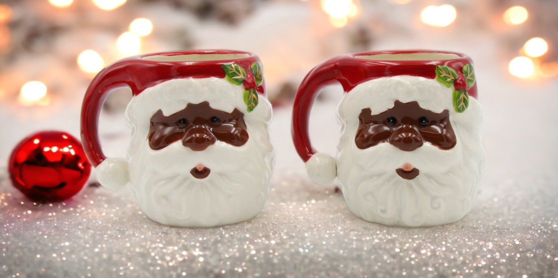 Ceramic African American Set Of 2 Santa Mugs Home Décor Gift for Her Gift for Mom Kitchen Décor Christmas Décor - Mugs