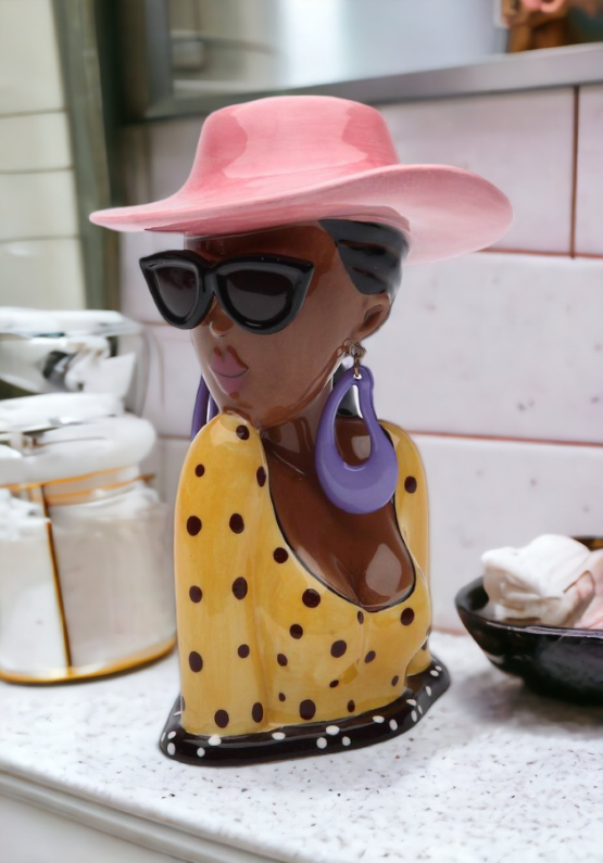 Ceramic African American Summer Lady Brush or Pen Holder Home Décor Gift for Her Mom Friend or Coworker Vanity Décor