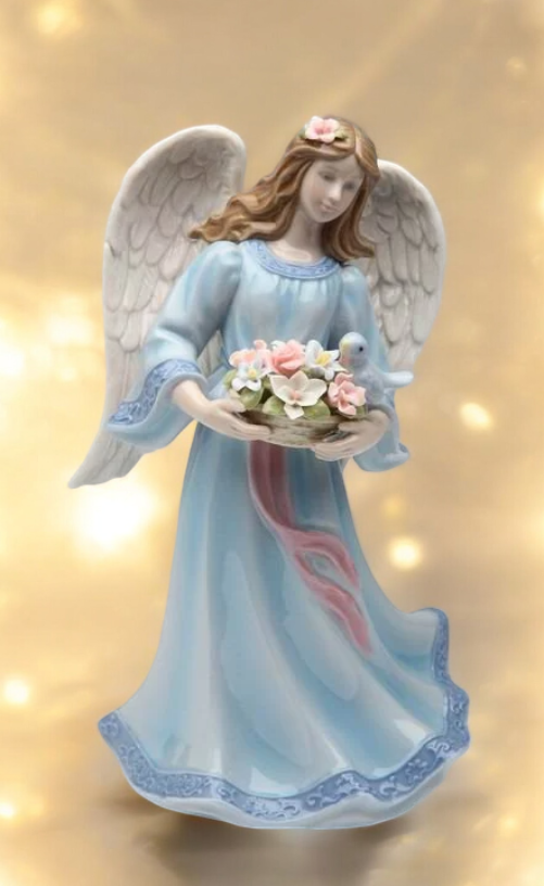 Ceramic Angel Holding Flower Basket Music Box Religious Gift Religious Decor Gift for Her - Music box
