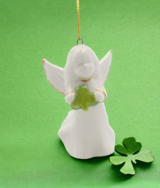 Ceramic Angel Holding Shamrock Ornament Christmas Décor Gift for Her Gift for Mom Irish Saint Patrick’s Day Décor