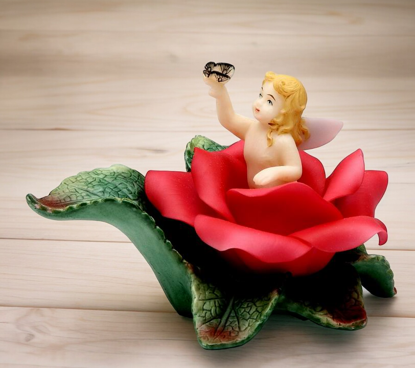 Ceramic Angel In Bloom Figurine-Red Rose Flower Gift for Her Gift for Mom Home Decor - Figurine