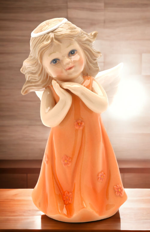 Ceramic Angel in Peach Orange Dress Figurine Religious Décor Religious Gift Church Décor Church Gift Baptism Gift