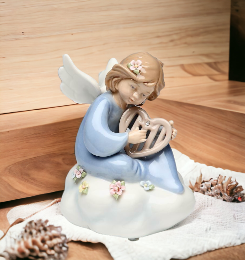 Ceramic Angel Playing Harp on Cloud Music Box Home Décor Religious Décor Religious Gift Church Décor Baptism Gift