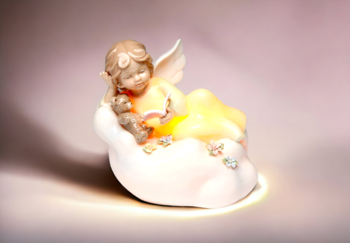 Ceramic Angel Reading with Teddy Bear on Cloud Nightlight Home Décor Religious Décor Religious Gift Church Décor