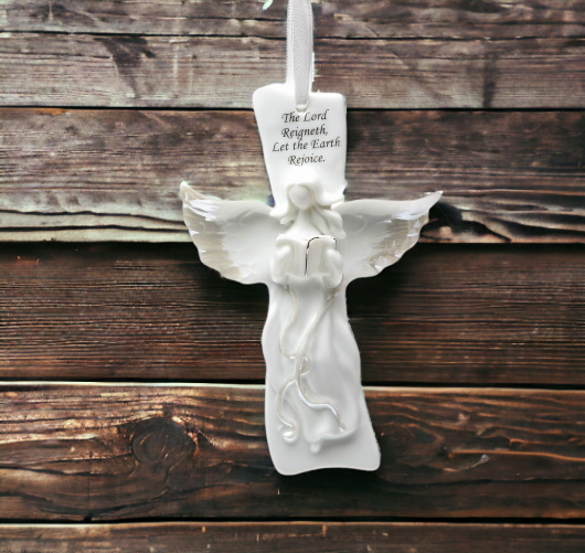 Ceramic Angel Singing on Cross Home Décor Religious Décor Religious Gift Church Décor Baptism Gift - Ornament