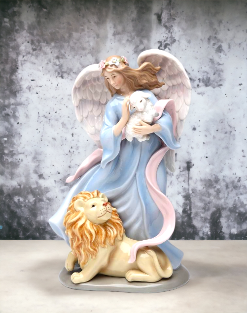 Ceramic Angel with Lion and Sheep Music Box Religious Décor Religious Gift Church Décor Church Gift Baptism Gift